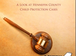 [ai] A wooden gavel resting on a round base, with background text reading, 'A Look at Hennepin County Child Protection Cases.' The background has a textured, light color.